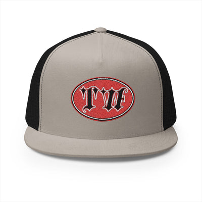 Stylish Black 5 Panel Trucker Cap with Bold Red Embroidery