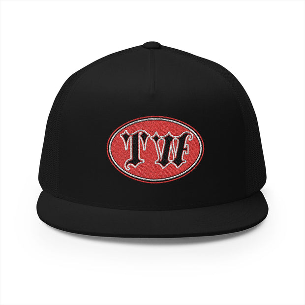 Stylish Black 5 Panel Trucker Cap with Bold Red Embroidery