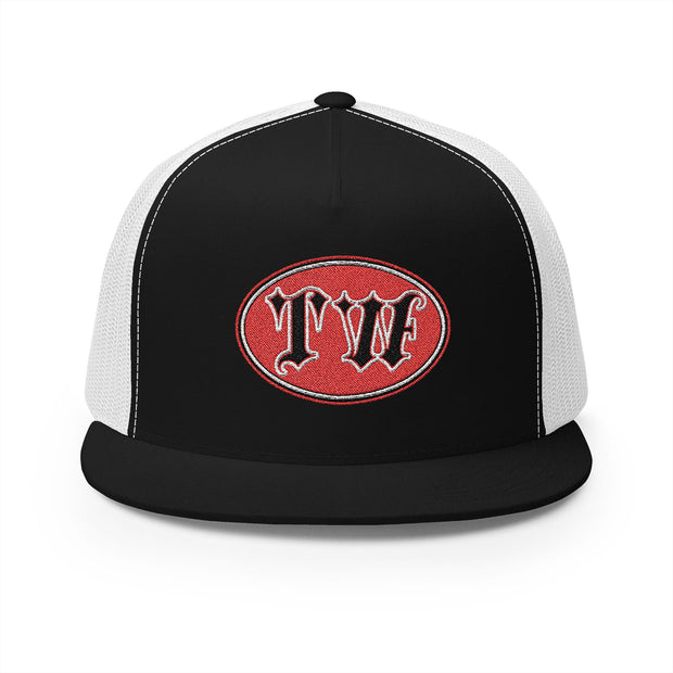 Stylish Black 5 Panel Trucker Cap with Bold Red Embroidery
