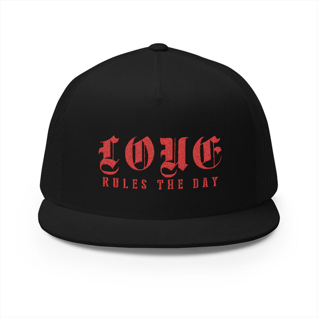 Embroidered 5 Panel Trucker Cap - 'LOVE RULES THE DAY'