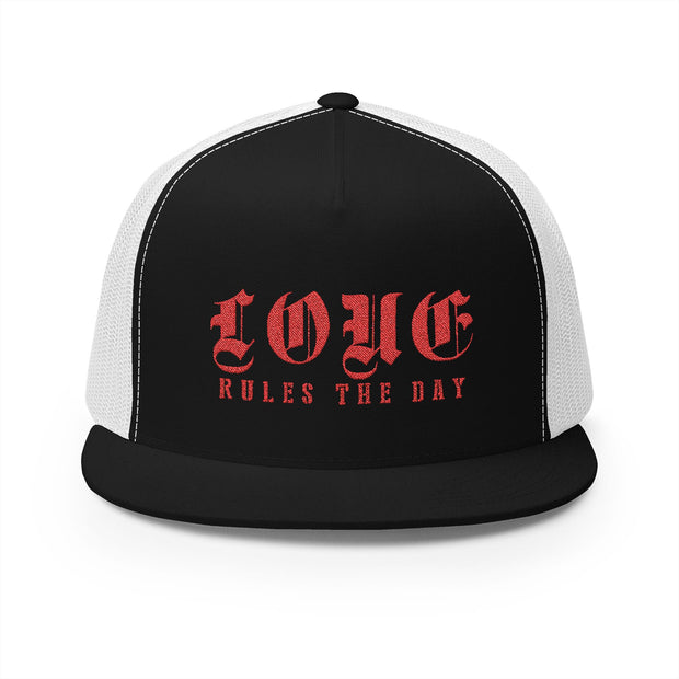 Embroidered 5 Panel Trucker Cap - 'LOVE RULES THE DAY'