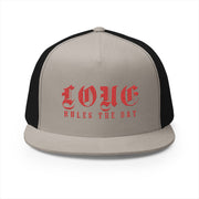 Embroidered 5 Panel Trucker Cap - 'LOVE RULES THE DAY'