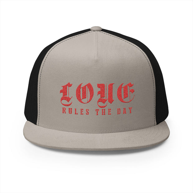 Embroidered 5 Panel Trucker Cap - 'LOVE RULES THE DAY'
