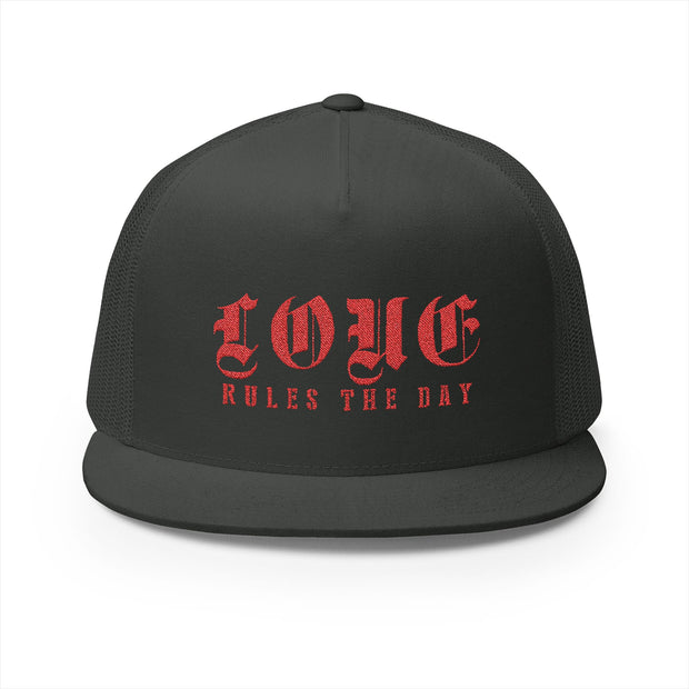 Embroidered 5 Panel Trucker Cap - 'LOVE RULES THE DAY'