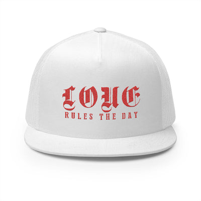 Embroidered 5 Panel Trucker Cap - 'LOVE RULES THE DAY'